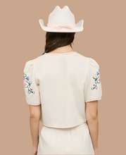 Load image into Gallery viewer, Floral Embroidery Front Tie Cropped Blouse