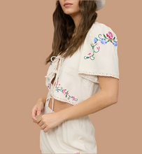Load image into Gallery viewer, Floral Embroidery Front Tie Cropped Blouse
