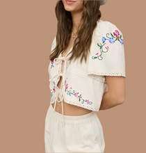 Load image into Gallery viewer, Floral Embroidery Front Tie Cropped Blouse