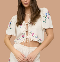 Load image into Gallery viewer, Floral Embroidery Front Tie Cropped Blouse