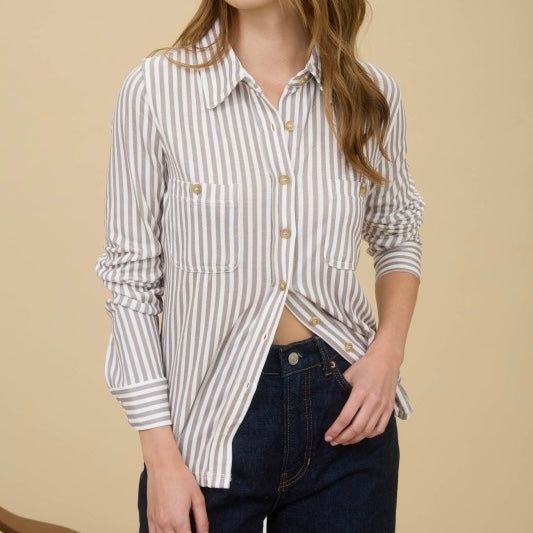 Striped Collared Button Down Blouse