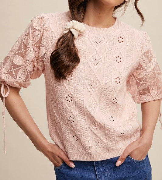 Crochet Sleeve Pointelle Cable Knit Sweater