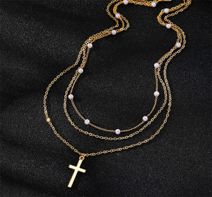 Cross and Pearl Multi Layer Necklace