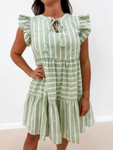 Load image into Gallery viewer, Stripe Block Ruffled Tassel Tie Dress