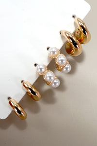 Trio Huggie Pearl Gold Earring Set