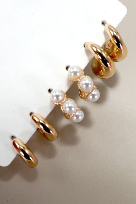 Trio Huggie Pearl Gold Earring Set