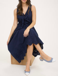 Front Bow Tie Eyelet Hem Midi Dress