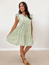 Load image into Gallery viewer, Stripe Block Ruffled Tassel Tie Dress