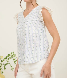 Striped Floral Lace Trim Blouse