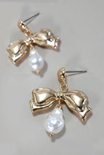 Load image into Gallery viewer, Gold Bow Pearl Drop Earrings