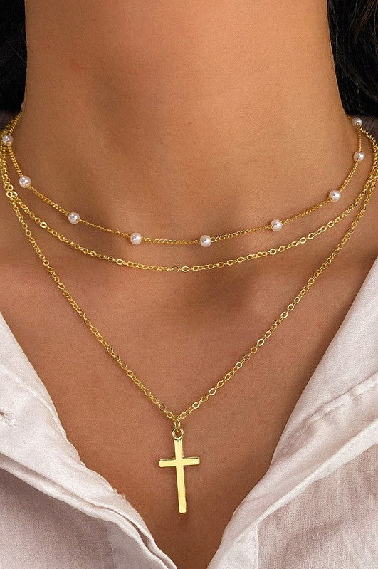 Cross and Pearl Multi Layer Necklace