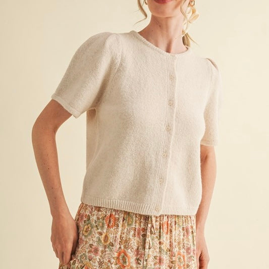 Short Puff Sleeve Sweater Cardigan