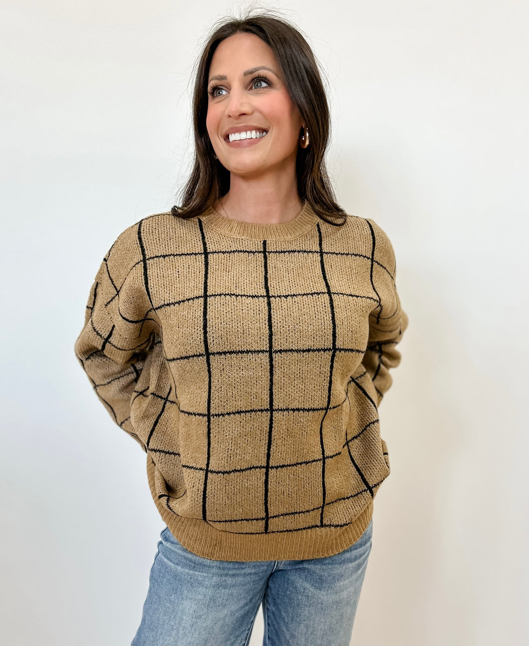 Khaki Grid Print Knit Sweater