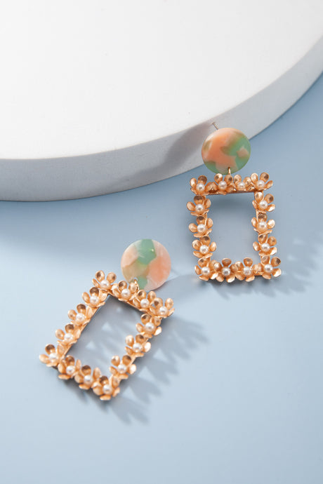Rectangle Pearl Flower Drop Earrings