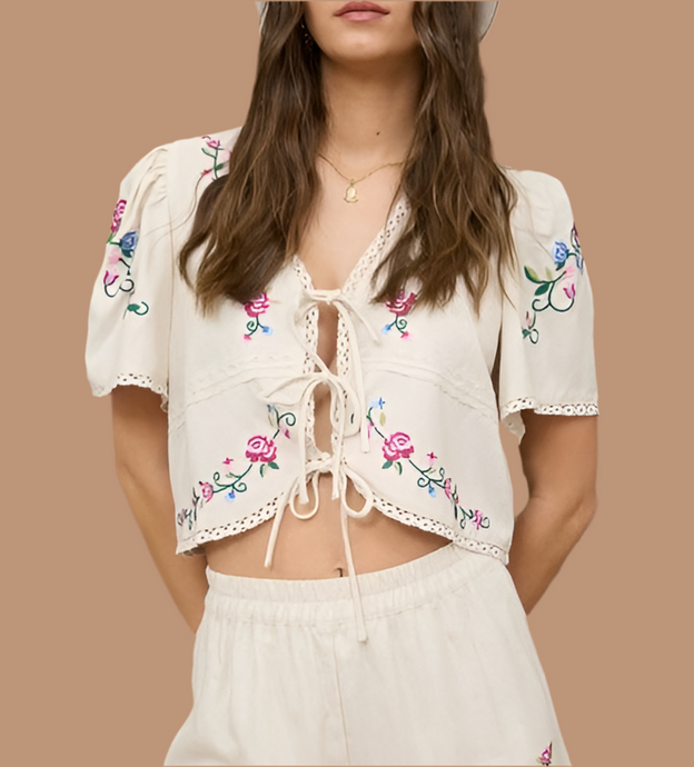 Floral Embroidery Front Tie Cropped Blouse