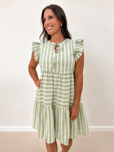 Stripe Block Ruffled Tassel Tie Dress