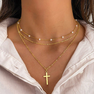 Cross and Pearl Multi Layer Necklace