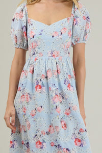 Eyelet Floral Puff Sleeve Midi Dress