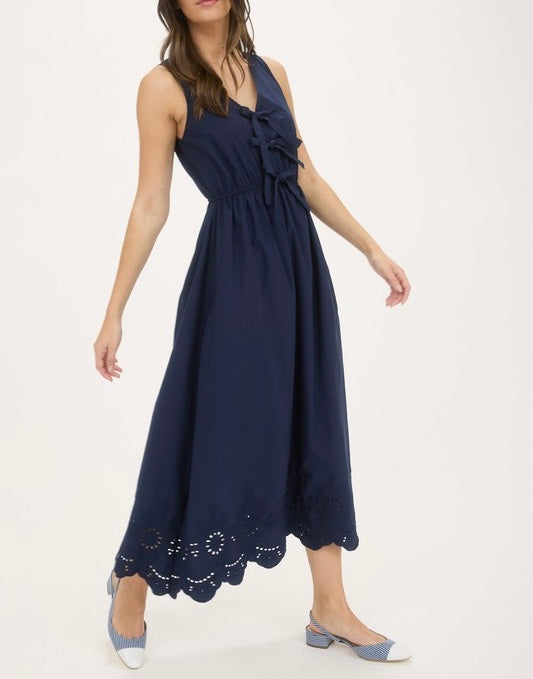 Front Bow Tie Eyelet Hem Midi Dress