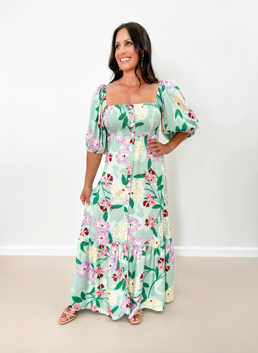 Button Down Puff Sleeve Maxi Dress