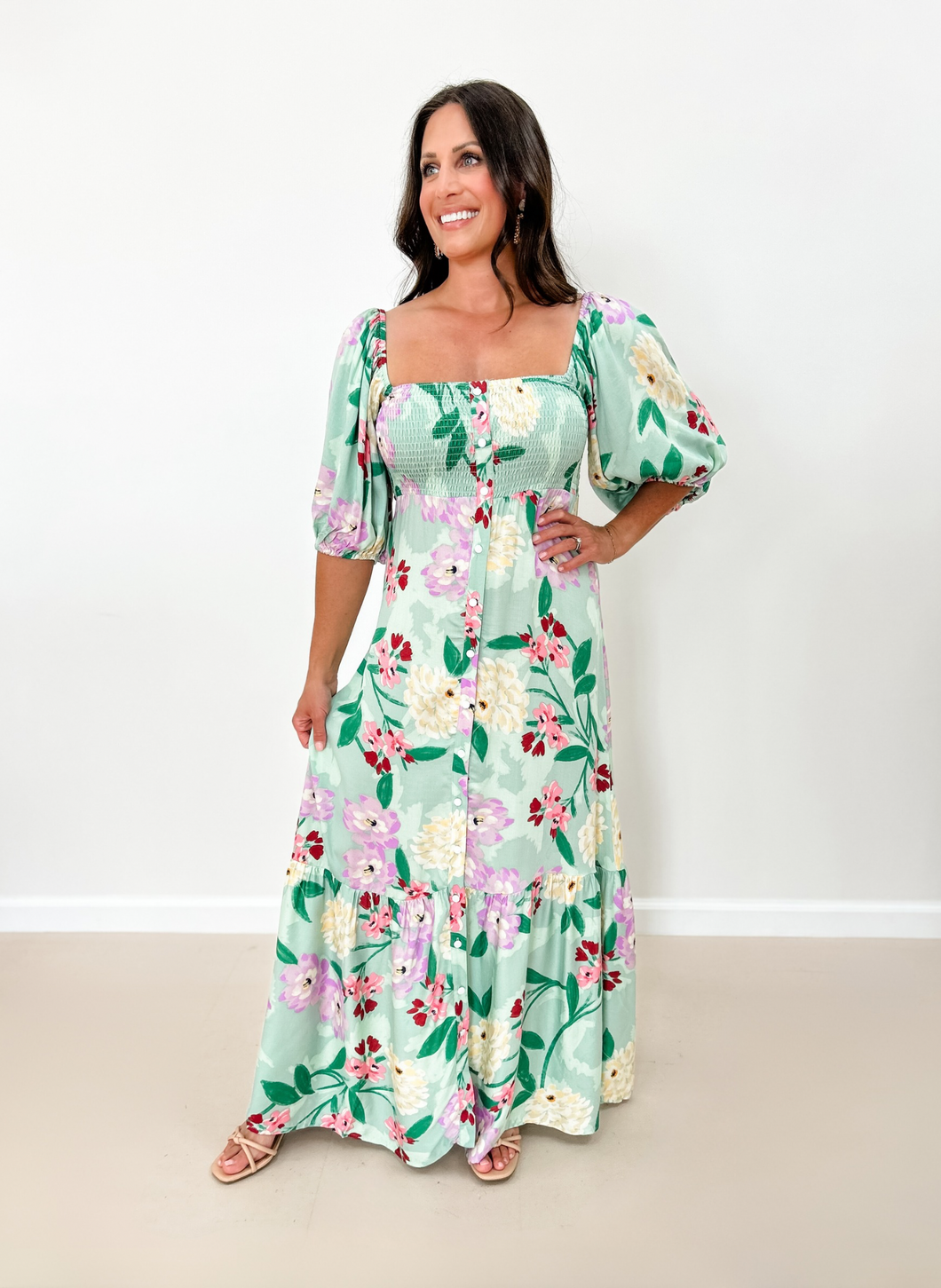 Button Down Puff Sleeve Maxi Dress