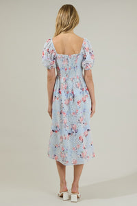 Eyelet Floral Puff Sleeve Midi Dress