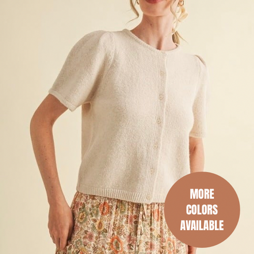 Short Puff Sleeve Sweater Cardigan