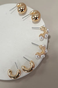 Trio Huggie Pearl Gold Earring Set