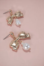 Load image into Gallery viewer, Gold Bow Pearl Drop Earrings