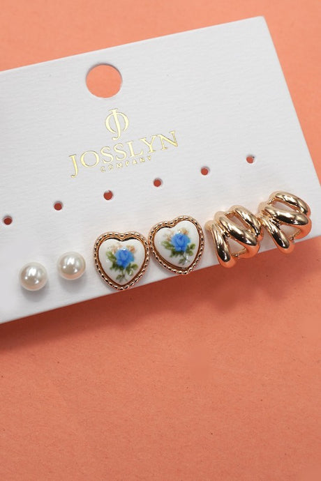 Heart Floral Porcelain Trio Earring Set