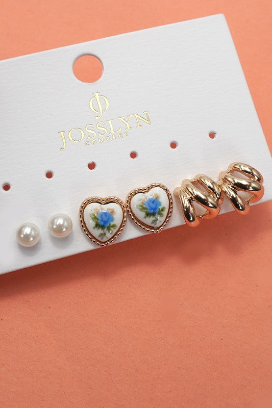 Heart Floral Porcelain Trio Earring Set