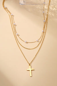 Cross and Pearl Multi Layer Necklace