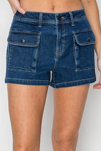 High Rise Cargo Denim Shorts