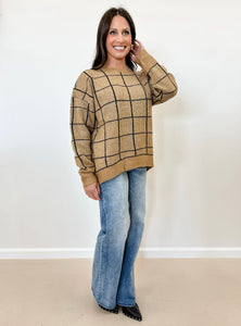 Khaki Grid Print Knit Sweater