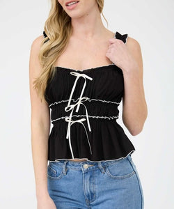 Contrast Trim Bow Blouse