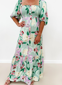 Button Down Puff Sleeve Maxi Dress