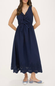 Front Bow Tie Eyelet Hem Midi Dress