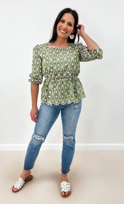 Eyelet Crochet Patterned Scallop Peplum Top